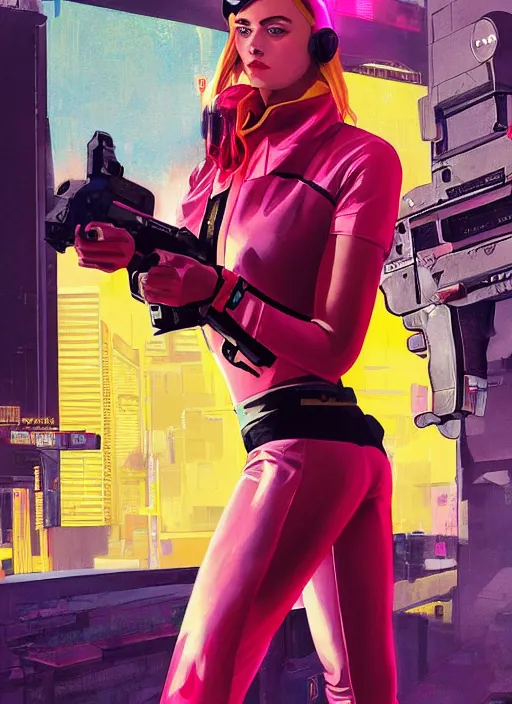 Prompt: beautiful cyberpunk female athlete wearing pink jumpsuit and yellow jacket. firing a futuristic red automatic pistol with huge magazine. ad poster for pistol. cyberpunk poster by james gurney, azamat khairov, and alphonso mucha. artstationhq. gorgeous face. painting with vivid color, cell shading. ( rb 6 s, cyberpunk 2 0 7 7 )