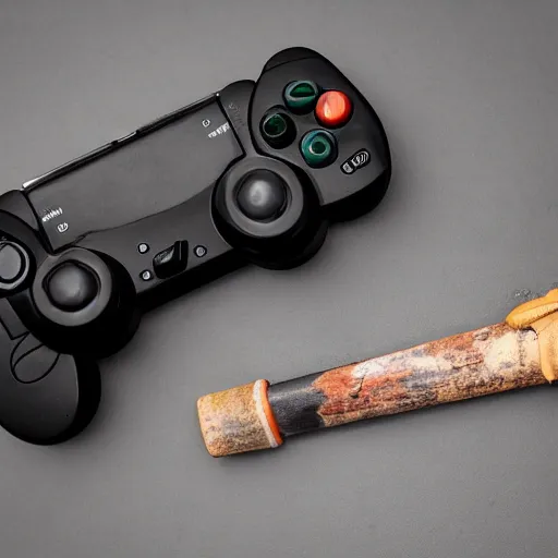 Prompt: destroyed game controller next to a broken tv and a baseball bat