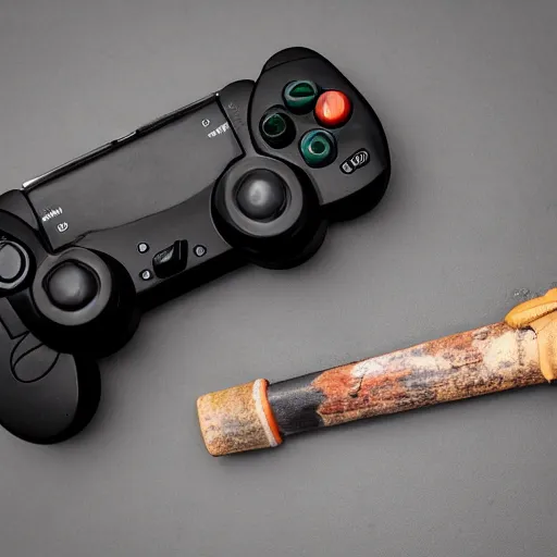 Image similar to destroyed game controller next to a broken tv and a baseball bat