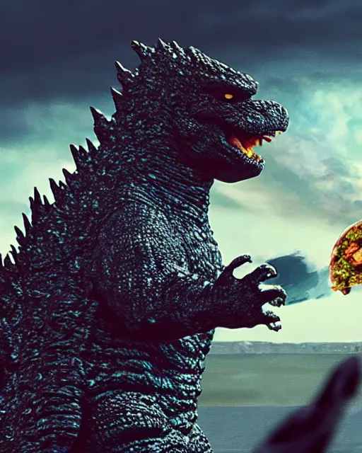 Image similar to godzilla eating a taco, ultra realistic, cinematic