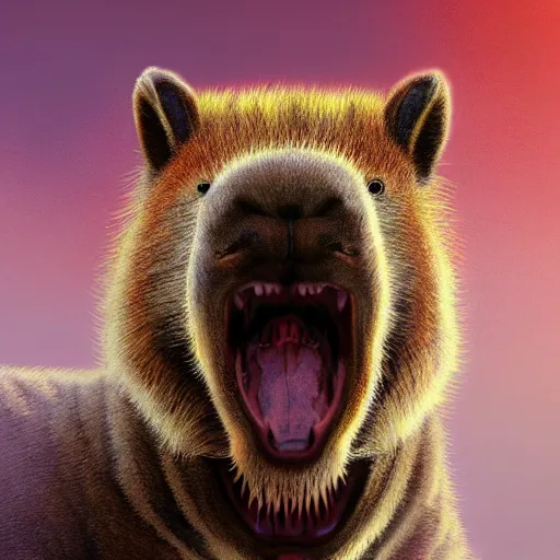 Image similar to Capybara/tiger, ferocious, angry, magic the gathering artwork, D&D, fantasy, cinematic lighting, centered, symmetrical, highly detailed, digital painting, artstation, concept art, smooth, sharp focus, illustration, volumetric lighting, epic Composition, 8k, art by Akihiko Yoshida and Greg Rutkowski and Craig Mullins, oil painting, cgsociety