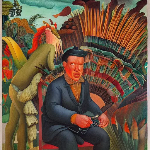 Image similar to high quality, high detail painting, dutch masterpiece, jim jarmusch, film noir, diego rivera, high garden scene with quetzalcoatl, hd, muted lighting