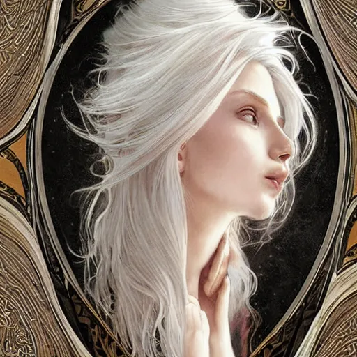 Prompt: goddess with two faces, one face sad, one face happy, long hair, white hair, ethereal, intricate, elegant, georgeus, highly detailed, sharp focus, digital painting, by artgerm and greg rutkowski and alphonse mucha