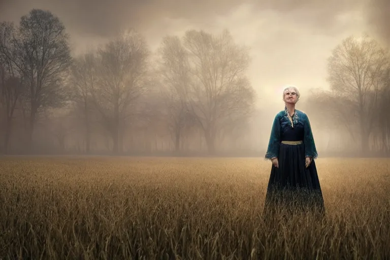 Prompt: a cinematic! headshot! portrait of a frozen middle aged woman stood in a field, field on fire, ultra realistic, depth, beautiful lighting, by annie leibovitz, by mattias adolfsson