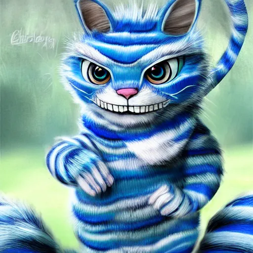 Image similar to cute blue striped cheshire cat. an adorable cat with light blue stripes, blue eyes and a big mischievous smile. stunning digital art by mona sundberg. fluffy, plush - like