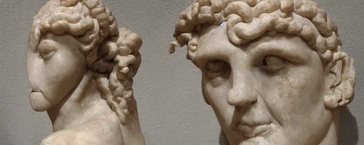 Image similar to ancient roman marble bust of an alien with 6 eyes and antennae