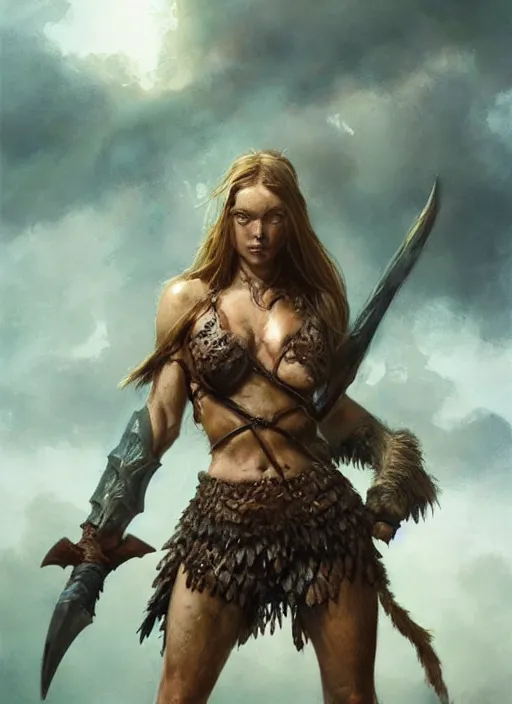 Image similar to hyper realistic photography of prehistoric barbarian paladin girl, full body, rule of thirds, conceptart, saturated colors, cinematic, vallejo, frazetta, greg rutkowski, royo, rowena morrill, juan gimenez