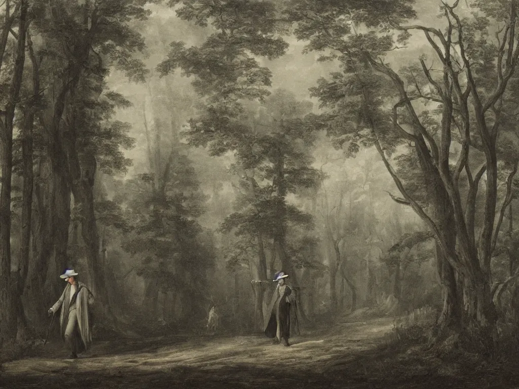 Image similar to a man in a grey cloak and brimmed hat with a staff travelling trough the forest with a wooden cabin in the distance in the style of neo-romanticism