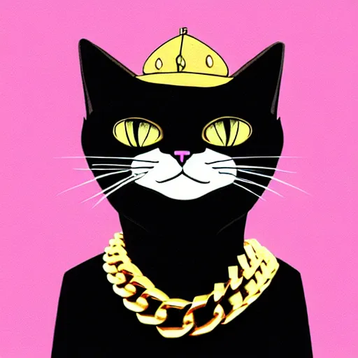 Prompt: cat wearing a gangster cap and gold chain, trending on artstation