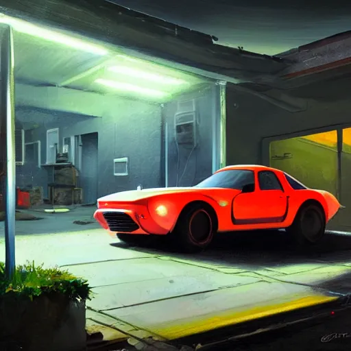 Prompt: concept art of a retro mazda in front of a garage, greg rutkowski, 8 k, highly detailed, neon colors, volumetric lighting