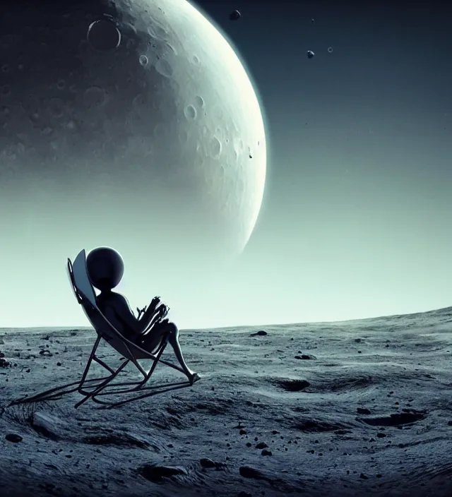 Prompt: alien sitting in lawn chair on the moon looking at earth hyper realism, cinematic, dramatic ambient lighting, epic composition, high detail, octane render, unreal engine, 8 k, vibrant colors, smooth gradients, high contrast, professional photo, photorealistic, digital artray tracing