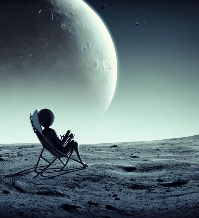 alien sitting in lawn chair on the moon looking at | Stable Diffusion