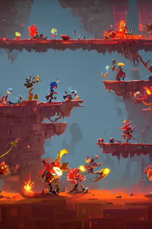 Prompt: side scroller 2d game by dead cells artist Rendering witg . full of details, by squaresoft and Rayman legends , Matte painting, trending on artstation and unreal engine