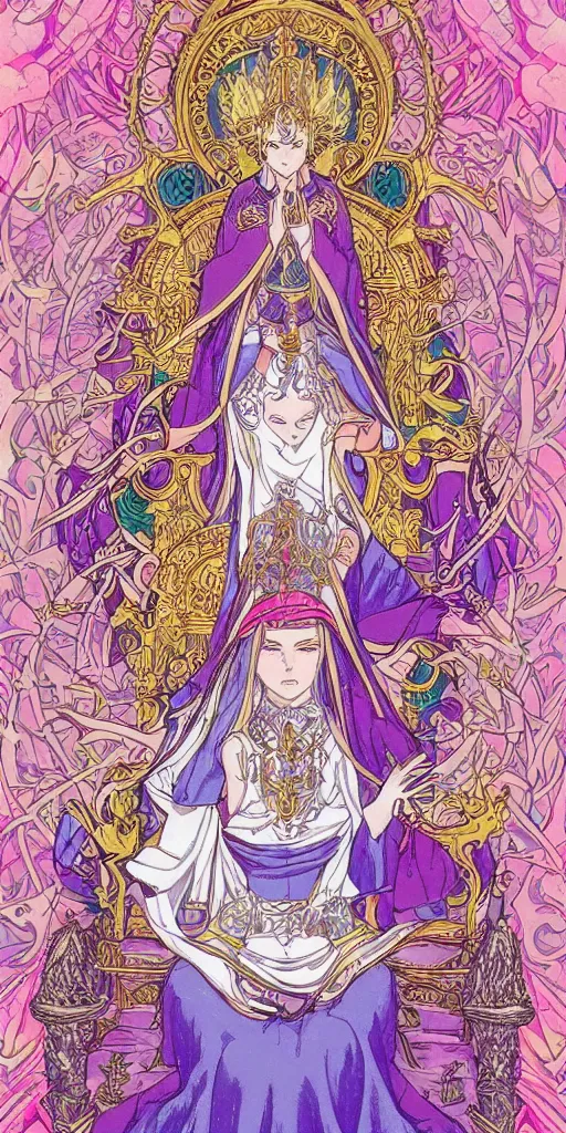 Prompt: a mystical woman priestess sitting on a throne, the divine feminine, drawn by studio UFOTABLE, psychedelic, fine line work, pastel colors, Tarot cards. The empress tarot card, detailed, anime