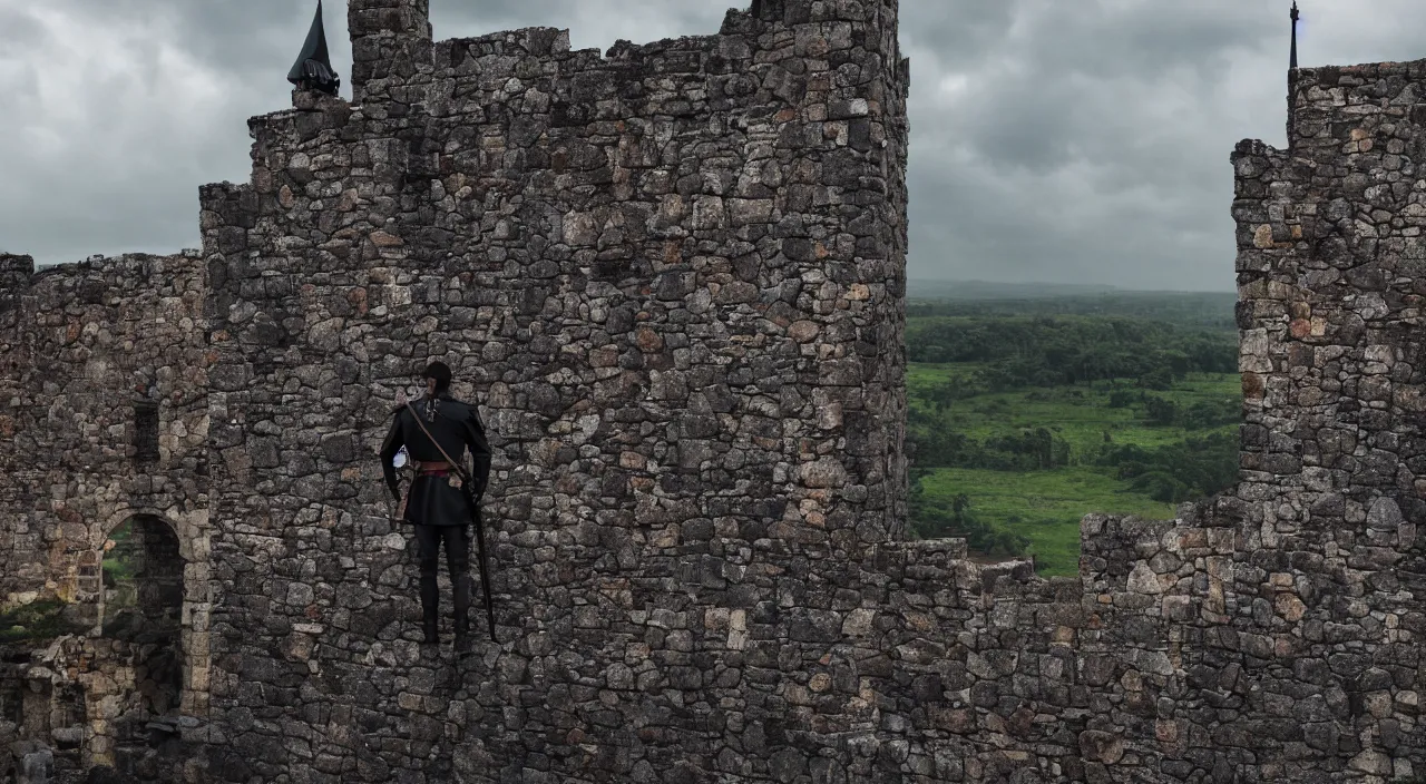 Image similar to a king standing on the castle walls looking at the incoming enemy army, vivid colors, soft lighting, atmospheric, cinematic, moody, 8 k