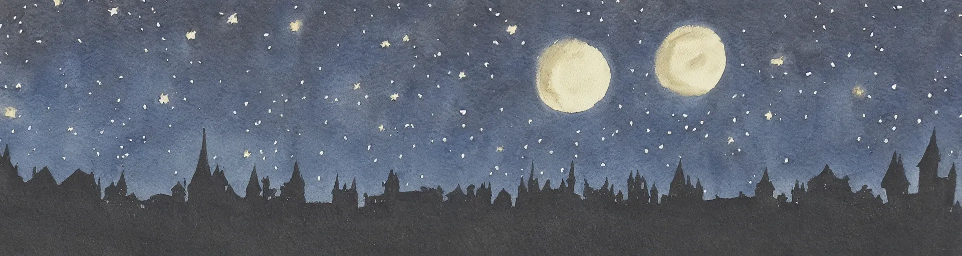 Prompt: watercolour painting a dark beautlful starry night in an english village, constellation by charles vess on black matte very textured worn paper