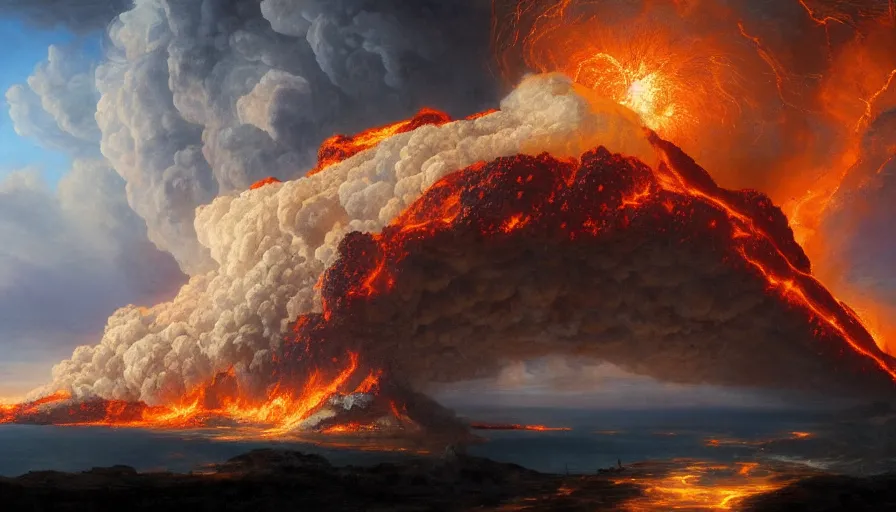 Prompt: baroque painting of humongous volcano exploding, lava everywhere, burning kingdoms, hyperdetailed, artstation, cgsociety, 8 k