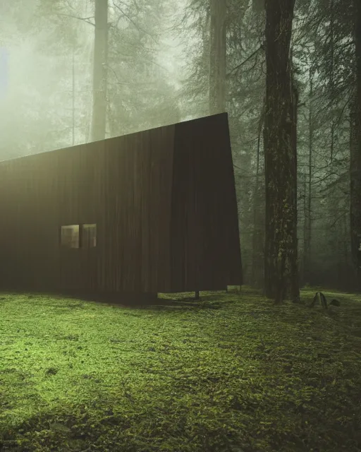 Image similar to an exquisite wooden house in the middle of a lush forest, minimalist design, architectural photography, dark and dim lighting, beautiful, tranquil, moody, cinematic, fantasy, 3 5 mm lens, volumetric lighting, first person view, photographic render, hyper realistic