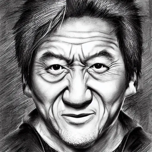 Prompt: surrealism grunge cartoon portrait sketch of Jackie Chan, by michael karcz, loony toons style, freddy krueger style, horror theme, detailed, elegant, intricate
