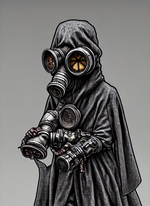 Prompt: old necromancer, wearing a wizard cloak, gas mask, by peter morchbacher, hyper detailed, intricate, complex, 8 k, crisp,