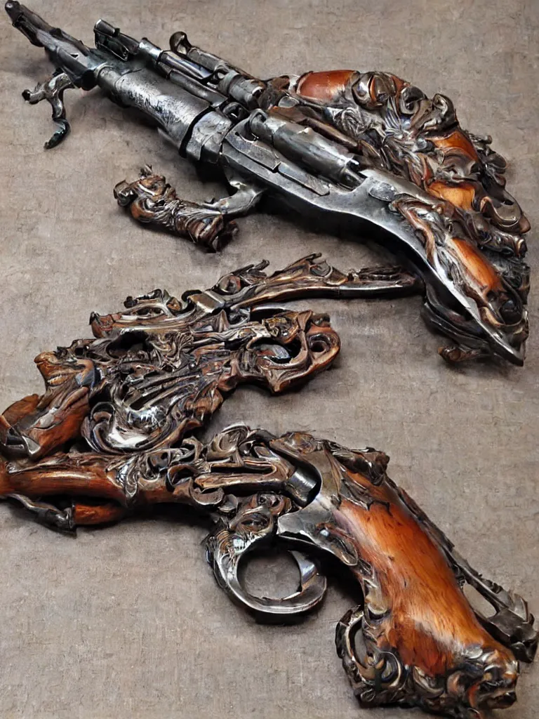 Image similar to carving of machine guns shotguns rifles revolvers bullets, dark vintage paperback cover, ultra-realistic, intricate details, biomechanical fluid,