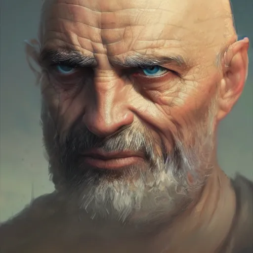 Image similar to angry bald old man portrait, beautiful face, highly detailed face, close-up, fantasy art, male art, in the style of greg rutkowski, illustration, epic, fantasy, intricate, hyper detailed, artstation, concept art, smooth, sharp focus, ray tracing
