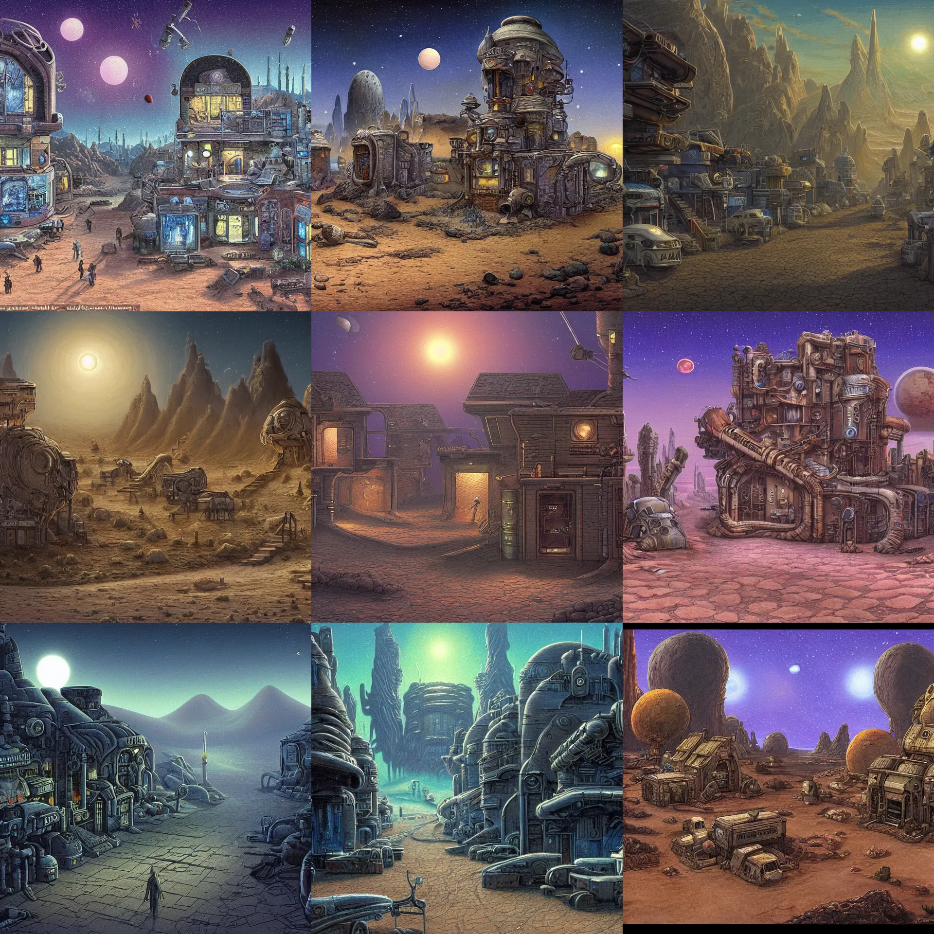 Prompt: main street of a small human colony, on a remote desert planet, from a space themed point and click 2 d graphic adventure game, set design inspired a small amount by hg giger, art inspired by thomas kinkade