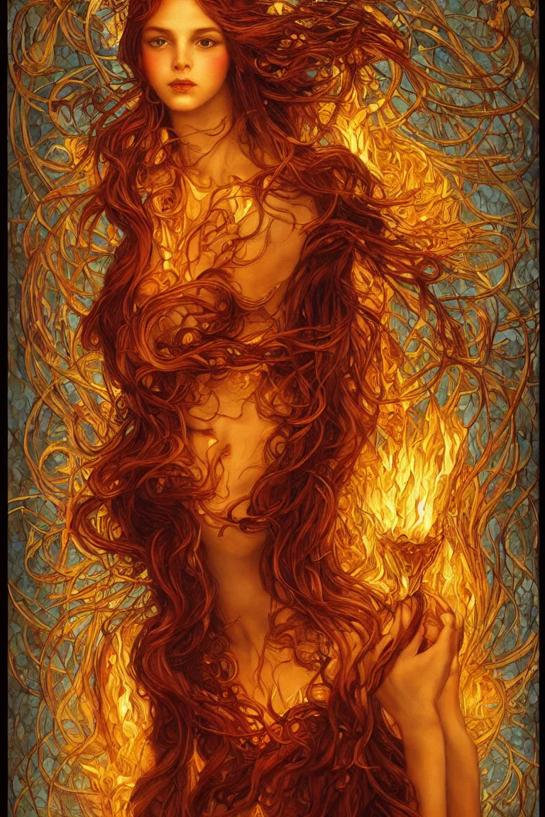 Prompt: ultra realist breathtaking detailed soft painting of a beautiful fire dancer girl, long fire hair, symmetrical facial features, christian saint, in the middle of a stained glass of flames, art nouveau frame, by wlop, Tom Bagshaw, Rebecca Guay, trending on artstation