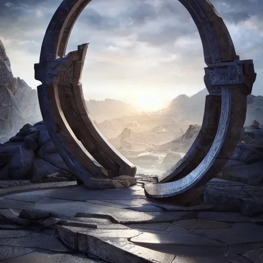 Image similar to stargate made of stone that form a circle, cinematic view, epic sky, 8K, octane render, unreal engine, dramatic lighting, cinematic, establishing shot, extremely high detail, foto realistic, cinematic lighting, post processed, concept art, high details, cinematic, 8k resolution, beautiful detailed, photorealistic, digital painting, artstation, concept art, smooth, sharp focus, artstation trending, octane render, unreal engine