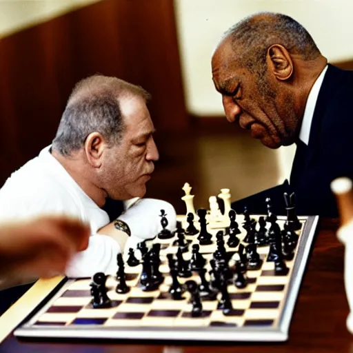 Prompt: harvey weinstein and bill cosby playing chess in prison