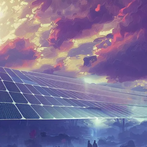 Image similar to a large solar panel charging station, complicated, intricate, elegant, fantasy, highly detailed, digital painting, concept art, sharp focus, illustration, beautiful volumetric lighting, epic light, artstation, magic hour lighting, colorful, sunshine, springtime, art by Sylvain Sarrailh