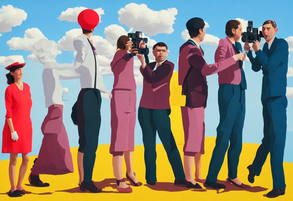 Image similar to full body portrait of a trio of european tourists with nikon cameras, various poses shooting photos, character designs painting, in the style of wes anderson, rene magritte, lola dupre, david hockney, isolated on white background, dark monochrome neon spraypaint accents volumetric octane render