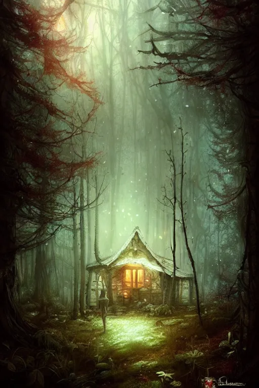 Prompt: a ramshackle cabin in the woods, magical forest, fairytale style, Fairycore, cottagecore, fantasy, by Bastien Lecouffe Deharme