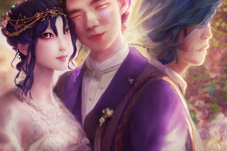 Image similar to a cinematic portrait of wedding photograph jpeg close up moment of a divine a japan sun god and moon goddess lovers magician at a wedding banquet. portraiture. digital painting. artstation. concept art. wedding photo. digital painting. violet evergarden art masterpiece by art by krenz cushart