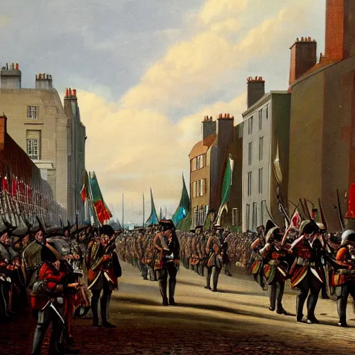 Image similar to painting of Irish rebel soldiers marching down a street in Dublin holding rifles, 4K detail