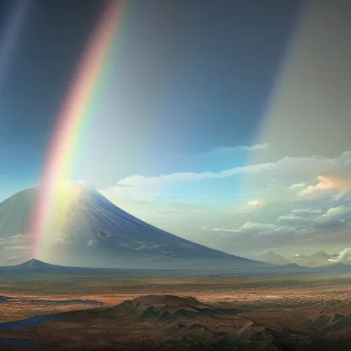 Prompt: a detailed matte painting of noah's ark landing on mount ararat, double rainbow in a clear blue sky, art by dan mumford and yusuke murata and makoto shinkai and ross tran, cosmic, heavenly, god rays, intricate detail, cinematic, 8 k, cel shaded, unreal engine, featured on artstation, pixiv
