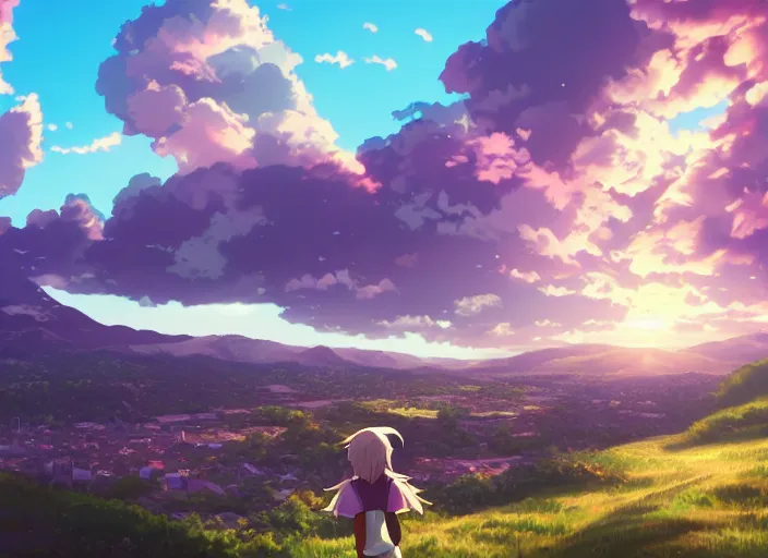 Image similar to illustration of green hills with clouds in the background, golden hour sunset, purple beautiful sky, cute anime girl with platinum blonde hair and big eyes, close to foreground, anime key visual, official media, illustrated by wlop, extremely detailed, 8 k, trending on pixiv, cinematic lighting, beautiful