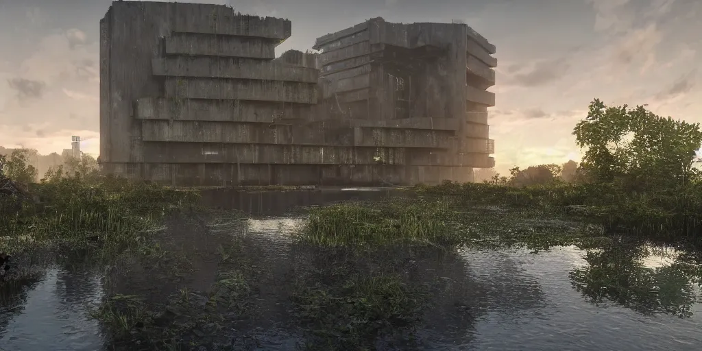 Image similar to brutalist architecture, streetscapes, surrounded by lush green forest and murky ponds of water, stunning volumetric lighting, sunset, rusted steel, smooth solid concrete, stunning skies, trending on Artstation, 8k, photorealistic, hyper detailed, unreal engine 5, IMAX quality, cinematic, epic lighting, in the style of the game DOOM, by Greg Rutkowski