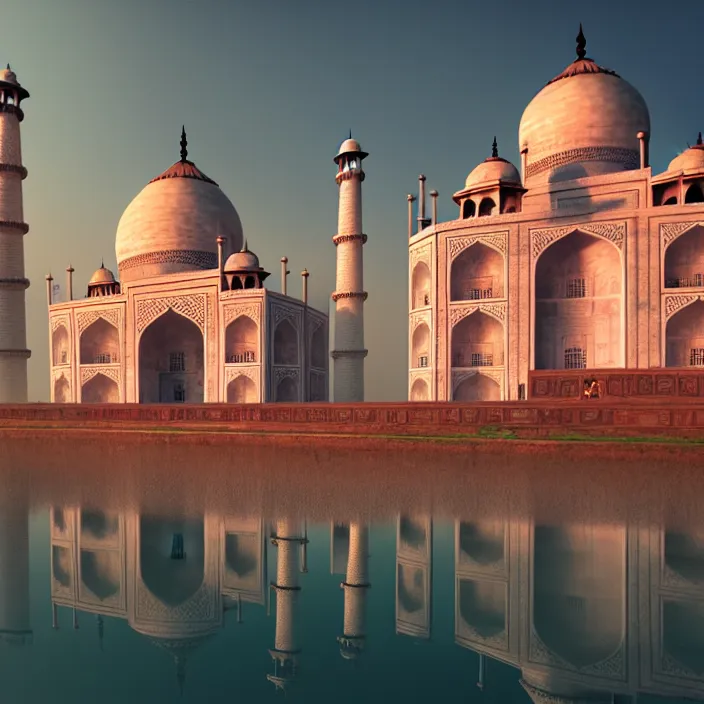 Image similar to taj mahal, naturel, glossy reflections, hyper detailed, digital art, trending in artstation, cinematic lighting, studio quality, smooth render, unreal engine 5 rendered, octane rendered, art style by klimt and nixeu and ian sprigger and wlop and krenz cushart.