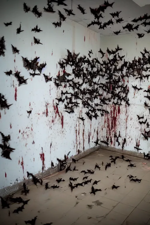 Image similar to A photo of bats flying in an abandoned hospital room, some blood on the walls and trash on the floor