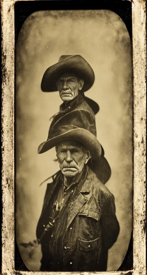 Image similar to a wet plate photograph, a portrait of an old cowboy