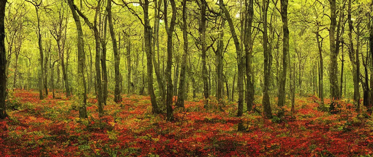 Prompt: a forest with spring, summer, autumn and winter