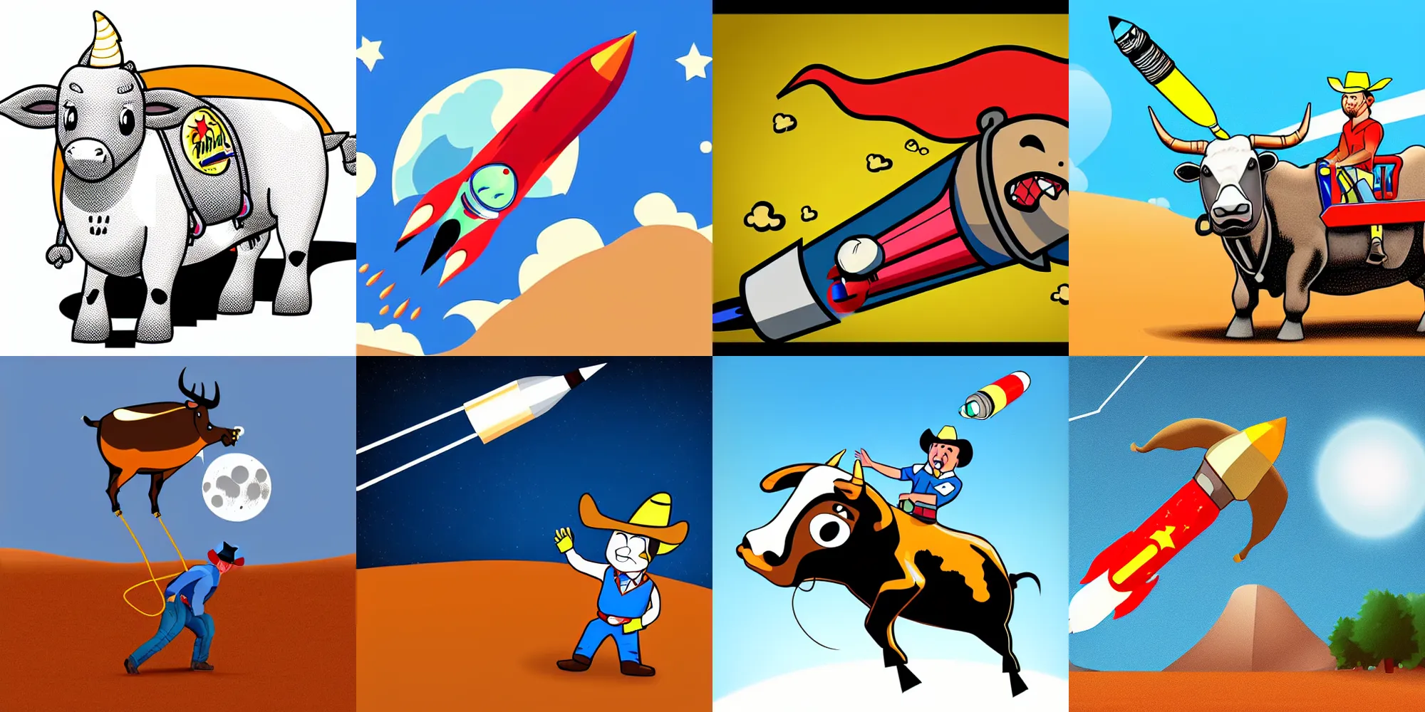 Prompt: a cartoon bull riding a hyper realistic rocket to the moon, cell shaded, flat lighting