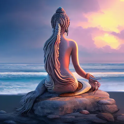 Prompt: stunning artstation style portrait painting of a mermaid bodhisattva, praying meditating prayer hands, on the beach, by the ocean, stunning sky, WLOP, 8k masterpiece, curvy, slim build, full frame shot, cinematic lighting, pristine clean design, fantasy, insanely detailed, atmospheric