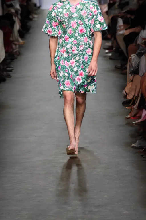 Image similar to man with a flower dress on a catwalk