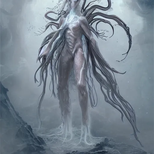 Image similar to concept designs for an ethereal ghostly wraith like figure made from wispy billowing smoke and sparks of electricity with a squid like parasite latched onto its head and long tentacle arms that flow lazily but gracefully at its sides like a cloak while it floats around a frozen rocky tundra in the snow searching for lost souls and that hides amongst the shadows in the trees, this character has hydrokinesis and electrokinesis for the resident evil village video game franchise with inspiration from the franchise Bloodborne and the mind flayer from stranger things on netflix in the style of a marvel comic