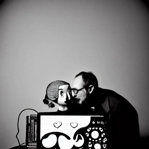 Image similar to a black and white photograph of a computer in love, by gary baseman, by robert crumb, by jim henson, high contrast, soft lighting, surreal, film photography