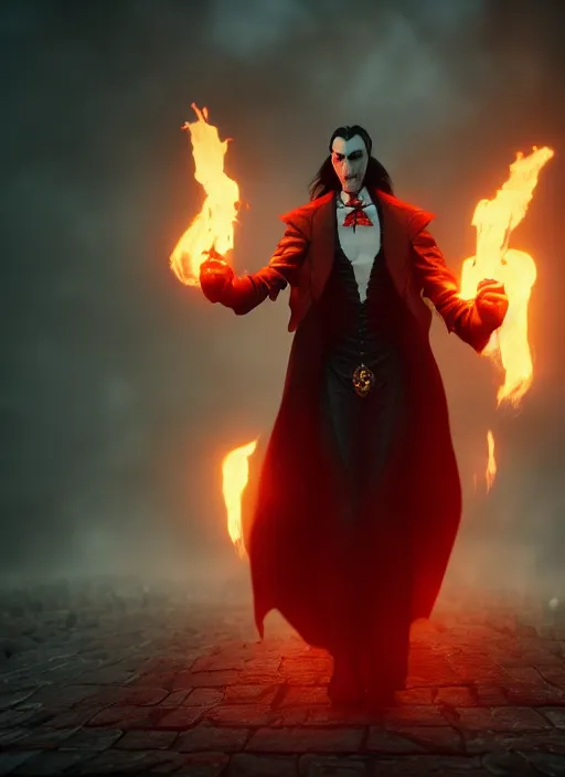 Image similar to dracula posing, flames, dark atmosphere, cinematic shot, intricate, ornate, photorealistic, ultra detailed, realistic, 1 0 0 mm, photography, octane, high definition, depth of field, realism, 8 k, artstation