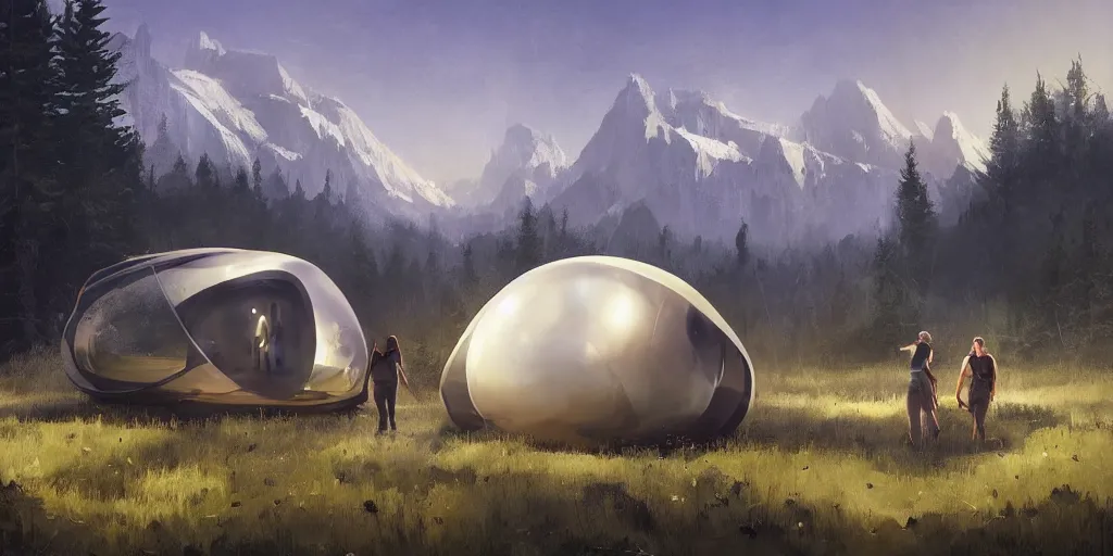 Image similar to cabela's tent futuristic pop up family pod, cabin, modular, person in foreground, mountainous forested wilderness open fields, beautiful views, painterly concept art, joanna gaines, environmental concept art, farmhouse, magnolia, concept art illustration by ross tran, by james gurney, by craig mullins, by greg rutkowski trending on artstation