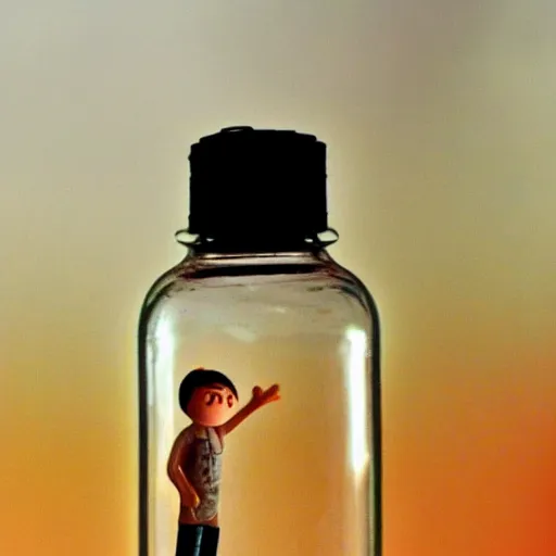 tiny man trapped in a transparent bottle | Stable Diffusion